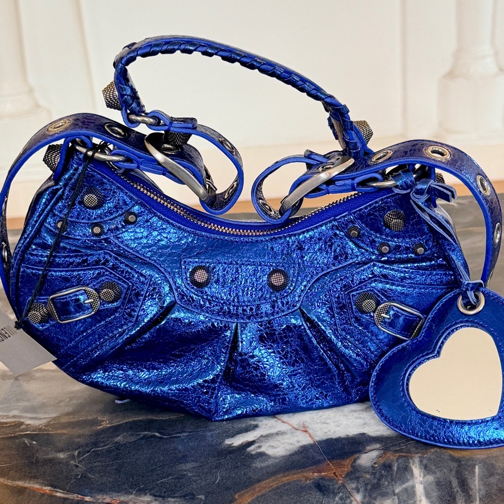 NWT $2650 Balenciaga Le Cagole 671309 Metallic Blue Leather XS Shoulder Bag - Picture 11 of 15